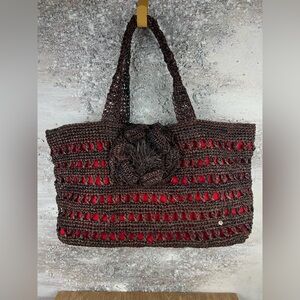 546 Flora Bella Handmade Brown woven raffiaTote Bag with Red Lining